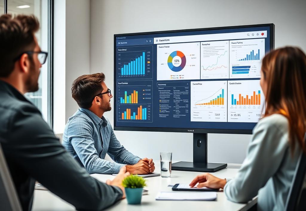 Sales team viewing CRM analytics on a large display