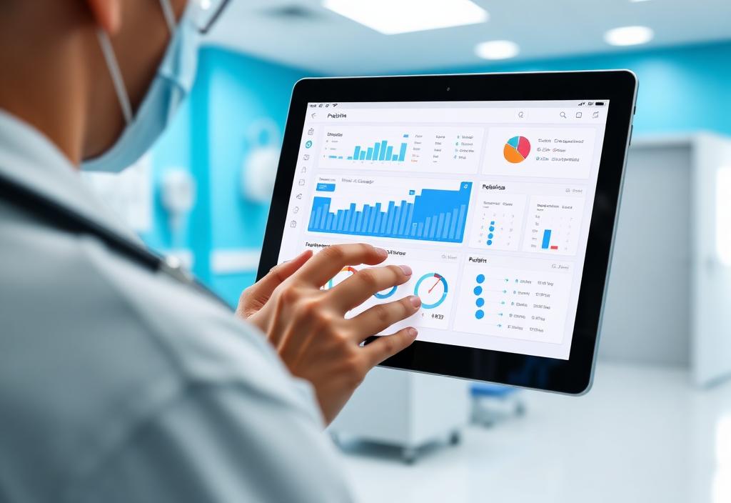 Doctor reviewing a healthcare management dashboard