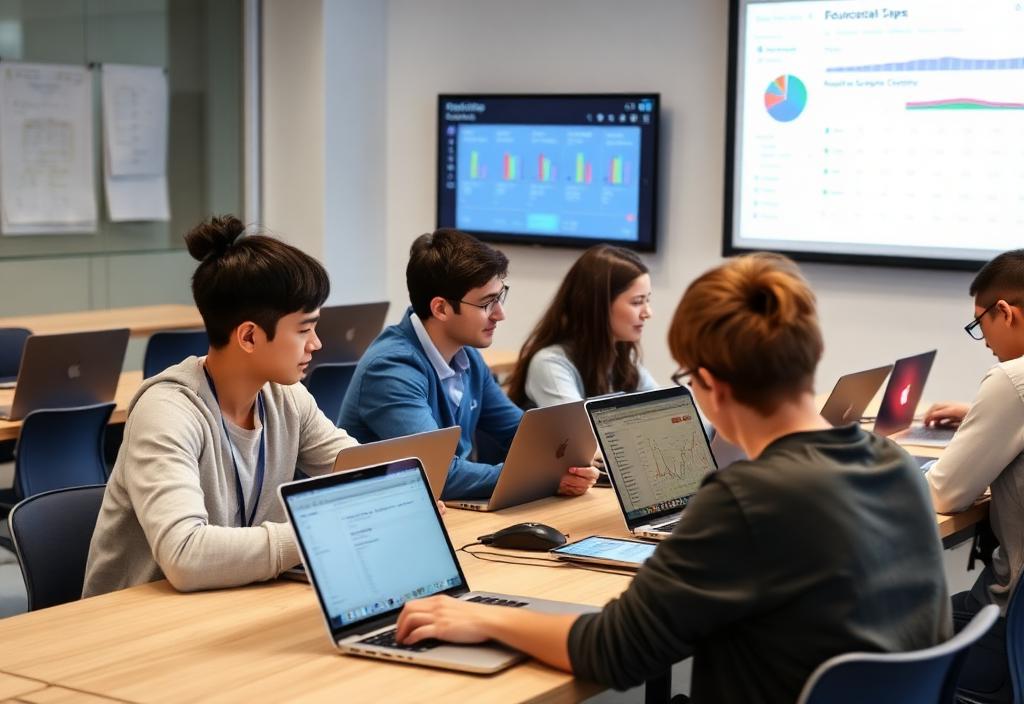 Students using laptops with a school ERP on screen